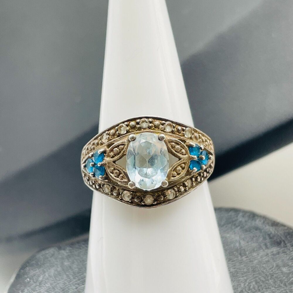 Vintage Sterling Silver Ring Blue White Topaz Teal Gemstone Band Size 7 Thailand